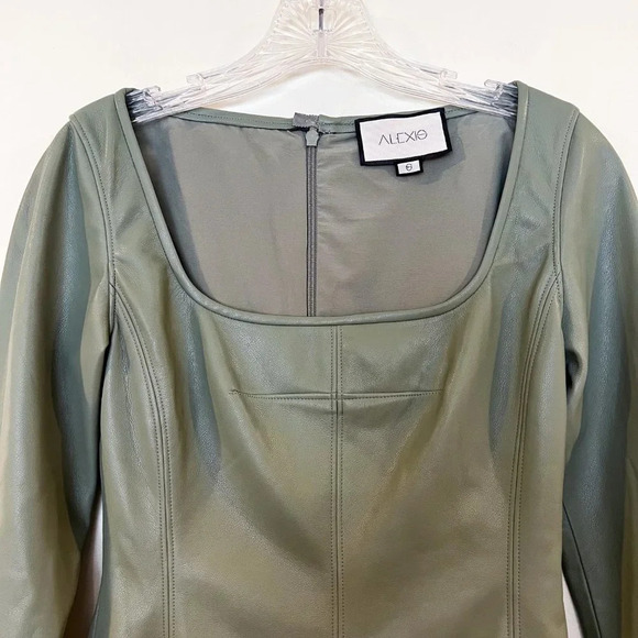 Alexis Vanna Faux Leather Sage Green Square Neck Long Bell Sleeve Mini Dress - Picture 5 of 8